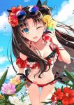  1girl bangs beach bikini black_bow black_hair blue_eyes bow breasts clouds cute eyebrows_visible_through_hair fate/stay_night fate_(series) floral_print flower hair_flower hair_ornament long_hair looking_at_viewer ocean one_eye_closed parted_bangs sky small_breasts solo summer sunglasses swimsuit tohsaka_rin tropical_drink very_long_hair yaoshi_jun 