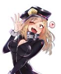  1girl ;p black_bodysuit blonde_hair blush bodysuit boku_no_hero_academia breasts cleavage hat hat_tip heart highres kidmukuro large_breasts looking_at_viewer one_eye_closed open_mouth police_hat smile solo thought_bubble tongue tongue_out unzipped utsushimi_kemii 