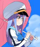  1girl bangs blue_hair blue_jacket blue_sky blush brown_eyes closed_mouth clouds commentary day english_commentary eyebrows_visible_through_hair hair_between_eyes hat holding holding_umbrella hood hood_down hooded_jacket island_(game) jacket long_hair long_sleeves looking_away ohara_rinne outdoors peaked_cap pink_umbrella sky smile solo tonmoh umbrella white_hat 