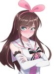  1girl a.i._channel bangs blue_eyes blush brown_hair crossed_arms eyebrows_visible_through_hair hairband highres kizuna_ai lace-trimmed_sleeves long_hair looking_to_the_side multicolored_hair pink_hair pink_hairband pink_ribbon pout pouty_lips qian_yuan ribbon sailor_collar simple_background streaked_hair tsundere upper_body virtual_youtuber white_background white_sailor_collar 