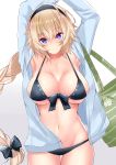  1girl armpits arms_up bag bangs bare_shoulders bikini black_bikini black_bow blonde_hair blue_eyes blue_jacket blush bow braid breasts cleavage closed_mouth collarbone fate/grand_order fate_(series) hair_between_eyes hair_bow hairband highres hips hood hoodie jacket jeanne_d&#039;arc_(fate)_(all) jeanne_d&#039;arc_(swimsuit_archer) large_breasts long_braid long_hair looking_at_viewer navel open_clothes open_jacket sankakusui shiny shiny_hair shiny_skin shoulder_bag single_braid solo swimsuit thighs waist white_background 