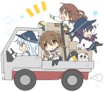  6+girls akatsuki_(kantai_collection) anchor_symbol black_hair black_legwear black_sailor_collar black_skirt blue_eyes box brown_eyes chibi closed_eyes failure_penguin fairy_(kantai_collection) fang folded_ponytail full_body ground_vehicle hibiki_(kantai_collection) highres hizuki_yayoi ikazuchi_(kantai_collection) inazuma_(kantai_collection) kantai_collection long_hair miss_cloud motor_vehicle multiple_girls neckerchief open_mouth pantyhose pleated_skirt sailor_collar school_uniform serafuku short_hair silver_hair skirt star starry_background truck white_background 