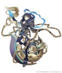  1girl alice_(sinoalice) axe blue_hair chains cleavage_cutout expressionless eyebrows_visible_through_hair full_body fur_trim hair_ribbon hairband huge_weapon ji_no looking_at_viewer official_art orange_eyes parted_lips ribbon short_hair shoulder_armor sinoalice solo thigh-highs torn_clothes torn_thighhighs weapon white_background 