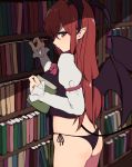  1girl alternate_eye_color armband ass back black_panties black_vest blurry blurry_background book bookshelf bow bowtie breasts butt_crack commentary_request demon_girl demon_tail demon_wings error fang_out from_side hair_between_eyes head_wings highres holding holding_book indoors juliet_sleeves koakuma light long_sleeves looking_at_viewer looking_to_the_side maroon_eyes maroon_neckwear marsen medium_breasts no_pants panties pointy_ears profile puffy_sleeves red_bow red_neckwear redhead reflective_eyes shiny shiny_hair shirt side-tie_panties solo standing string_panties tail thighs touhou underwear vest white_shirt wings 