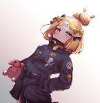  1girl abigail_williams_(fate/grand_order) bangs black_bow black_jacket blonde_hair blue_eyes bow brown_background closed_mouth commentary_request crossed_bandaids dutch_angle echu eyebrows_visible_through_hair fate/grand_order fate_(series) gradient gradient_background hair_bow hair_bun hand_on_hip highres jacket long_hair long_sleeves looking_at_viewer object_hug orange_bow parted_bangs polka_dot polka_dot_bow sleeves_past_fingers sleeves_past_wrists solo star stuffed_animal stuffed_toy teddy_bear white_background 