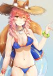  1girl absurdres animal_ear_fluff animal_ears atora bikini blue_bikini blush bracelet breasts cleavage collarbone commentary commentary_request ears_through_headwear fang fate/grand_order fate_(series) fox_ears fox_shadow_puppet fox_tail grey_background groin hat highres innertube jewelry large_breasts looking_at_viewer navel necklace one_eye_closed pink_hair side-tie_bikini simple_background solo straw_hat swimsuit tail tamamo_(fate)_(all) tamamo_no_mae_(swimsuit_lancer)_(fate) yellow_eyes 