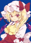  arm_ribbon arms_at_sides ascot bangs blonde_hair blue_background bow closed_mouth commentary crystal eyebrows_visible_through_hair flandre_scarlet hair_between_eyes hat hat_bow looking_at_viewer medium_hair mob_cap one_side_up orange_eyes red_bow red_ribbon red_skirt red_vest ribbon simple_background sketch skirt skirt_set smile tomobe_kinuko touhou upper_body vest white_headwear white_sleeves wings yellow_ascot 