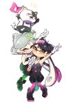  +_+ 2girls ankle_boots aori_(splatoon) black_dress black_footwear black_hair black_jumpsuit blush boots brown_eyes cat collaboration commentary_request cousins detached_collar domino_mask dress face-to-face flag food food_on_head full_body gradient_hair green_legwear grey_hair grin hand_on_another&#039;s_shoulder highres holding holding_flag hotaru_(splatoon) jajji-kun_(splatoon) long_hair looking_at_viewer mask mole mole_under_eye multicolored_hair multiple_girls notice_lines object_on_head one_eye_closed pantyhose pointy_ears puchiman purple_hair purple_legwear short_dress short_hair short_jumpsuit simple_background smile splatoon splatoon_(series) splatoon_1 standing strapless strapless_dress sushi tentacle_hair ueda_kou v white_background 
