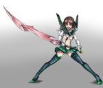  1girl adapted_costume anglerfish bangs black_footwear boots breasts commentary_request cosplay frown full_body garter_straps girls_und_panzer gloves gradient gradient_background green_panties green_skirt grey_background headgear headphones high_heel_boots high_heels highres holding holding_sword holding_weapon kill_la_kill looking_at_viewer medium_breasts midriff navel nishizumi_miho ooarai_school_uniform open_mouth panties parody pauldrons school_uniform senketsu senketsu_(cosplay) serafuku shadow short_hair shrug_(clothing) skirt solo spread_legs standing style_parody suspenders sword thigh-highs thigh_boots two-handed under_boob underwear v-shaped_eyebrows wani02 weapon white_gloves 
