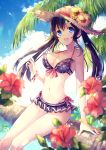  1girl :d arm_support bangs bare_shoulders bikini black_bikini black_hair blue_eyes blue_sky blurry blurry_foreground blush breasts cleavage clouds cloudy_sky collarbone commentary_request day depth_of_field earrings fingernails flower goma_(11zihisin) hair_between_eyes hand_up hat hat_flower horizon in_tree jewelry long_hair medium_breasts navel ocean open_mouth original outdoors palm_tree polka_dot polka_dot_bikini red_flower round_teeth sky smile solo straw_hat swimsuit teeth tree tree_branch twintails upper_teeth very_long_hair water yellow_flower 