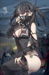  1girl air_bubble azur_lane bangs bare_shoulders black_hair black_legwear black_swimsuit breasts bridal_gauntlets bubble center_opening cleavage covered_mouth earrings eyebrows_visible_through_hair eyes_visible_through_hair fingernails groin hair_between_eyes hand_up iron_cross jewelry long_hair looking_at_viewer medium_breasts multicolored_hair one-piece_swimsuit one_side_up outdoors red_eyes shirotae_moyashi sidelocks silver_hair solo streaked_hair swimsuit thigh-highs u-47_(azur_lane) underwater water 