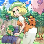  1girl :d :o animal animal_on_back ass bag bel_(pokemon) blonde_hair blue_sky breasts clouds creatures_(company) day drum_(container) eye_contact fence flying game_freak gen_5_pokemon grass green_eyes green_hat handbag hat leaning_forward lillipup looking_at_another looking_back munna musharna nintendo open_mouth outdoors pansage pidove pokemoa pokemon pokemon_(creature) pokemon_(game) pokemon_bw puffy_short_sleeves puffy_sleeves purrloin revision rock short_sleeves skirt sky smile tepig tree white_wristband wristband 