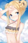  1girl :o abigail_williams_(fate/grand_order) arm_up bangs bare_arms bare_shoulders bikini black_bikini black_bow blonde_hair blue_eyes blue_sky blush bow clouds cloudy_sky collarbone commentary_request day double_bun emerald_float eyebrows_visible_through_hair fate/grand_order fate_(series) fingernails hair_bow hand_on_own_forehead head_tilt horizon long_hair looking_at_viewer navel nose_blush ocean orange_bow outdoors parted_bangs parted_lips parusu_(ehyfhugj) side_bun sidelocks sky solo sweat swimsuit upper_body very_long_hair water 