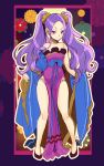  1girl bangs bare_shoulders blue_bow bow closed_mouth collarbone dress fate/grand_order fate_(series) full_body highres legs legs_apart long_hair looking_at_viewer no_pupils outline panties parted_bangs pelvic_curtain print_panties purple_dress purple_footwear purple_hair shimo_(s_kaminaka) shoes smile solo standing strapless strapless_dress thighs twintails underwear v-shaped_eyebrows violet_eyes white_outline wu_zetian_(fate/grand_order) 