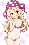  &gt;:) 1girl american_flag_bikini bangs bare_arms bare_shoulders bikini blonde_hair blue_bikini blush breasts clownpiece collarbone commentary_request cowboy_shot eyebrows_visible_through_hair fairy_wings flag_print front-tie_bikini front-tie_top grin groin hair_between_eyes hand_up hat head_tilt heart highres jester_cap long_hair looking_at_viewer navel polka_dot polka_dot_hat purple_hat red_bikini red_eyes shiny shiny_skin side-tie_bikini simple_background small_breasts smile solo standing star star_print stomach strap_pull strap_slip striped striped_bikini suwa_yasai swimsuit thighs touhou v v-shaped_eyebrows white_background white_bikini wings 