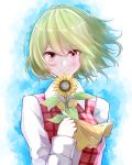  1girl ascot flower green_hair highres holding holding_flower kazami_yuuka long_sleeves looking_at_viewer plaid plaid_vest red_eyes short_hair smile solo sunflower touhou upper_body vest yellow_neckwear yosshii_(ne_ko_matter) 