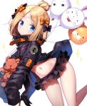  1girl abigail_williams_(fate/grand_order) balloon bangs bikini bikini_bottom bikini_under_clothes black_bikini_bottom black_bow black_jacket blonde_hair blue_eyes blush bow closed_mouth commentary_request crossed_bandaids eyebrows_visible_through_hair fate/grand_order fate_(series) fou_(fate/grand_order) hair_bow hair_bun head_tilt highres jacket long_hair long_sleeves looking_at_viewer medjed navel open_clothes open_jacket orange_bow parted_bangs polka_dot polka_dot_bow sasai_saji simple_background sleeves_past_fingers sleeves_past_wrists solo sparkle stuffed_animal stuffed_toy swimsuit teddy_bear twitter_username white_background 