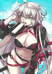  1girl bikini black_bikini black_jacket breasts choker commentary_request fate/grand_order fate_(series) food highres jacket jeanne_d&#039;arc_(alter_swimsuit_berserker) large_breasts long_hair looking_at_viewer o-ring popsicle sky swimsuit takatsuki_ichi tongue tongue_out yellow_eyes 