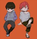  2boys :3 arm_support arms_at_sides bangs bare_shoulders black_hair black_pants brown_pants child closed_mouth cross-laced_footwear crossed_legs drawstring flip-flops full_body grey_footwear grey_hoodie grey_pants grey_shirt hands_in_pockets hisoka_morow hood hood_down hoodie hunter_x_hunter illumi_zoldyck invisible_chair long_sleeves looking_at_another looking_away male_child male_focus multiple_boys off_shoulder orange_background pants purple_sleeves qin_(7833198) redhead sandals shirt shoe_soles shoes short_hair side-by-side sideways_glance simple_background sitting smirk sneakers t-shirt yellow_eyes younger 