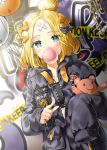  1girl abigail_williams_(fate/grand_order) balloon bangs black_bow black_jacket blonde_hair blue_eyes blush bow bubble_blowing caution_tape chains chewing_gum commentary_request crossed_bandaids dutch_angle eyebrows_visible_through_hair fate/grand_order fate_(series) fingernails graffiti h_shai hair_bow hair_bun holding holding_balloon jacket keep_out key long_hair long_sleeves looking_at_viewer object_hug orange_bow parted_bangs partially_unzipped pointing pointing_at_viewer polka_dot polka_dot_bow sleeves_past_fingers sleeves_past_wrists solo star stuffed_animal stuffed_toy teddy_bear tentacle zipper 