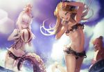  2girls abigail_williams_(fate/grand_order) arm_up bags_under_eyes ball bangs bare_arms bare_shoulders beachball bikini black_bikini black_bow blonde_hair blue_eyes blue_sky bow breasts bug butterfly clouds collarbone commentary_request day demon_girl dutch_angle emerald_float fate/grand_order fate_(series) forehead groin hair_bow highres holding holding_ball horn insect lavinia_whateley_(fate/grand_order) long_hair multiple_girls navel orange_bow outdoors parted_bangs polka_dot polka_dot_bow red_eyes sachi_(160332) see-through silver_hair sky small_breasts standing standing_on_one_leg stuffed_animal stuffed_toy succubus swimsuit teddy_bear tentacle very_long_hair water wide-eyed 
