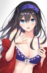  1girl anza_tomo bikini black_hair blue_bikini blue_eyes blush breasts cape cleavage collarbone commentary_request eyebrows_visible_through_hair hair_between_eyes hairband hands_on_own_chest highres idolmaster idolmaster_cinderella_girls jewelry large_breasts long_hair looking_at_viewer necklace red_cape sagisawa_fumika simple_background smile swimsuit upper_body 