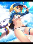  1girl absurdres ahoge arm_up artoria_pendragon_(all) bangs beach bikini blonde_hair blue_hat blue_sky breasts cleavage closed_mouth clouds cloudy_sky commentary_request day dutch_angle eyebrows_visible_through_hair fate/extella fate/extra fate/grand_order fate_(series) flat_cap hair_between_eyes hair_through_headwear hand_on_headwear hat highres horizon long_hair long_sleeves medium_breasts minowa_sukyaru mysterious_heroine_x navel ocean outdoors ponytail sand shrug_(clothing) side-tie_bikini sidelocks sky smug solo swimsuit thigh_strap water white_bikini 