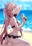  1girl :d ass bangs bare_arms bare_legs bare_shoulders barefoot beach bikini blurry blurry_background breasts eyebrows_visible_through_hair fate/grand_order fate_(series) head_tilt highres holding holding_hair long_hair looking_at_viewer medb_(fate/grand_order) medb_(swimsuit_saber)_(fate) medium_breasts ocean open_mouth pink_hair shimo_(s_kaminaka) smile solo straight_hair swimsuit tiara very_long_hair water white_bikini yellow_eyes 
