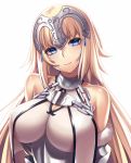  1girl bangs bare_shoulders blonde_hair blue_eyes breasts chains cleavage closed_mouth eyebrows_visible_through_hair eyes_visible_through_hair fate/grand_order fate_(series) head_tilt headpiece highres jeanne_d&#039;arc_(fate) jeanne_d&#039;arc_(fate)_(all) large_breasts long_hair looking_at_viewer simple_background smile solo straight_hair takanashi-a very_long_hair white_background 