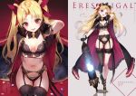  1girl :d arm_up black_bra black_cape black_gloves black_panties blonde_hair bra breasts cape earrings ereshkigal_(fate/grand_order) eyebrows_visible_through_hair fate/grand_order fate_(series) fur_trim garter_belt gem gloves gluteal_fold hair_ribbon hoyashi_rebirth jewelry lingerie long_hair looking_at_viewer multiple_views navel open_mouth panties red_cape red_eyes ribbon single_thighhigh sitting small_breasts smile standing standing_on_one_leg thigh-highs tiara translation_request two_side_up underwear 