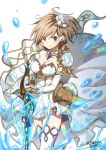  1girl bangs breasts brown_eyes brown_hair cleavage closed_mouth commentary_request cosplay djeeta_(granblue_fantasy) dress eyebrows_visible_through_hair flower granblue_fantasy hair_between_eyes hair_flower hair_ornament holding holding_sword holding_weapon looking_at_viewer medium_breasts ragho_no_erika rose signature simple_background smile solo standing strapless strapless_dress sword the_glory the_glory_(cosplay) thigh-highs water_drop weapon white_background white_dress white_flower white_legwear white_rose 