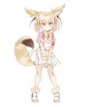  1girl animal_ear_fluff animal_ears blonde_hair bow bowtie commentary_request elbow_gloves eyebrows_visible_through_hair fennec_(kemono_friends) fox_ears fox_tail full_body fur_trim gloves kemono_friends konabetate pleated_skirt puffy_short_sleeves puffy_sleeves shoes short_hair short_sleeves skirt solo tail thigh-highs yellow_eyes 