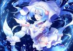  1girl blue_background breasts cleavage creatures_(company) detached_sleeves game_freak gen_7_pokemon hairband hands_up light_blue_hair long_hair medium_breasts mermaid midriff monster_girl music nintendo personification pokemon primarina singing starfish_hair_ornament thistle_lapis water_drop 