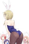  4girls aikawa_chiho animal_ears bare_shoulders blonde_hair blue_leotard blush bunny_tail bunnysuit detached_collar fake_animal_ears hinata_yukari holding holding_phone ichii_yui katatsuka_kouji leotard looking_at_viewer low_twintails multiple_girls nonohara_yuzuko pantyhose phone rabbit_ears short_hair solo_focus tail taking_picture translated twintails wrist_cuffs yellow_eyes yuyushiki 