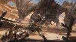  1girl armor armored_boots attack axe black_diablos boots cactus charge_blade charging claws day debris desert diablos dust energy flying fur_trim gauntlets highres holding holding_axe holding_weapon horns long_hair looking_at_another monster_hunter outdoors running shorts shoulder_armor sparks spaulders standing stu_dts weapon 