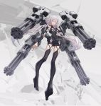  1girl black_panties breasts cancell cleavage closed_mouth garter_straps gatling_gun grey_eyes halterneck high_heels highres looking_at_viewer mecha_musume original panties science_fiction silver_hair small_breasts solo thigh-highs twintails underwear 