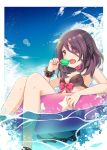  1girl bare_arms bare_legs bikini bikini_skirt blue_sky bow bracelet brown_eyes collar eating eyebrows_visible_through_hair eyepatch fang fingernails food hair_between_eyes hayasaka_mirei highres idolmaster idolmaster_cinderella_girls innertube jewelry medium_hair ocean omega.ep open_mouth outdoors palm_tree popsicle purple_hair signature sitting sitting_on_object sky solo spiked_bracelet spikes summer swimsuit tree tropical water 