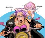  1boy 1girl chain chains directional_arrow fate/grand_order fate_(series) food food_in_mouth food_on_face glasses gold_chain ground_vehicle hair_over_one_eye lancelot_(fate/grand_order) lavender_eyes lavender_hair malasada mash_kyrielight motor_vehicle motorcycle riding simple_background tan white_background 