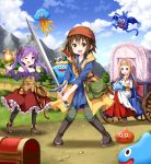  3girls :d ;d bag bandanna bare_shoulders bat belt blue_sky boots breasts brown_hair chest clouds commentary_request cosplay crown day dragon_quest dragon_quest_viii drakee fang fireball green_eyes hero_(dq8) hero_(dq8)_(cosplay) highres hiiragi_kagami jessica_albert jessica_albert_(cosplay) king_slime knee_boots knees_together_feet_apart kusakabe_misao light_brown_hair long_hair lucky_star medea medea_(cosplay) minegishi_ayano mountain multiple_girls off-shoulder_shirt off_shoulder one_eye_closed open_mouth pouch purple_hair ruu_(tksymkw) shirt short_hair sky slime_(dragon_quest) smile sword violet_eyes wagon weapon whip 