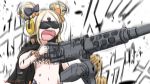  1girl :d abigail_williams_(fate/grand_order) ass bangs bikini black_bikini black_bow black_jacket blonde_hair bow browning_m2 commentary_request double_bun ear_protection emerald_float fate/grand_order fate_(series) firing goggles gun hair_bow highres holding holding_gun holding_weapon jacket jacket_on_shoulders keyhole long_hair machine_gun motion_blur navel neon-tetora open_mouth orange_bow parted_bangs round_teeth side_bun simple_background smile solo swimsuit teeth translated upper_teeth v-shaped_eyebrows weapon white_background 