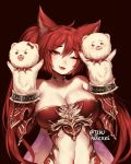  1girl ;d animal_ears artist_name bare_shoulders breasts cerberus_(shingeki_no_bahamut) cleavage commentary dog_ears english_commentary eyebrows_visible_through_hair fang hair_between_eyes hand_puppet hands_up large_breasts long_hair looking_at_viewer navel one_eye_closed open_mouth puppet red_eyes redhead shingeki_no_bahamut smile solo stomach teru_(renkyu) twintails twitter_username 