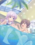  2girls artist_request ass bikini blue_eyes blue_sky breasts brown_hair clouds colored_eyelashes day eyebrows_visible_through_hair fang feet frilled_bikini frills hair_ribbon highres indoors innertube lights momochi_tamate multiple_girls official_art open_mouth palm_tree partially_underwater_shot pool purple_hair ribbon sailor_bikini sailor_collar scan sengoku_kamuri sitting sky skylight slow_start small_breasts smile standing submerged swimming swimsuit tree underwater violet_eyes wet window 