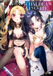  2girls 3: adapted_costume alternate_costume bangs black_bra black_hair black_legwear blonde_hair bra breasts cape commentary_request cover cover_page ereshkigal_(fate/grand_order) eyebrows_visible_through_hair fate/grand_order fate_(series) fishnet_legwear fishnets fur_trim garter_belt gloves highres hoyashi_rebirth ishtar_(fate/grand_order) lingerie looking_at_viewer mismatched_legwear multiple_girls navel navy_blue_legwear panties parted_bangs red_eyes single_thighhigh sitting small_breasts thigh-highs tiara two_side_up underwear white_bra white_gloves white_panties 