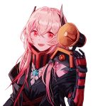  1girl :d bangs black_coat black_jumpsuit blush coat digi-mind_update_(girls_frontline) dinergate_(girls_frontline) gas_mask girls_frontline gloves hair_between_eyes hand_up headgear long_hair looking_at_viewer m4_sopmod_ii_(girls_frontline) megaphone multicolored_hair open_clothes open_coat open_mouth pink_hair prosthesis prosthetic_arm red_eyes redhead ro635_(girls_frontline) short_jumpsuit sidelocks silence_girl simple_background smile solo streaked_hair upper_body white_background 