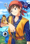  1boy 3others abiko_yuuji animal_on_arm bag bandanna bat belt bird_studio blue_sky blue_tunic brown_hair character_request cheese day dragon_quest dragon_quest_viii drakee eight_(dragon_quest) food handbag hero_(dq8) highres human male_focus monster mountain mouse outdoors road sky smile square_enix standing sword weapon 