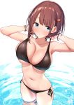  1girl absurdres baffu bangle bikini bikini_lift black_bikini blue_eyes blush bracelet breasts brown_hair character_request collarbone hair_ornament hairclip hands_up highres jewelry large_breasts navel short_hair side-tie_bikini solo swimsuit wading 