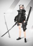  1girl belt coat dual_wielding full_body highres holding looking_at_viewer neco original parted_lips pink_eyes pleated_skirt silver_hair skirt socks solo standing sword thigh_strap trigger_discipline weapon white_legwear 
