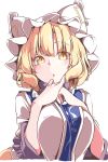  1girl :o animal_ears bangs blonde_hair blush breast_squeeze breasts eyebrows_visible_through_hair fox_ears frilled_sleeves frills gokuu_(acoloredpencil) hands_on_own_chest hands_up hat head_tilt highres large_breasts looking_at_viewer open_mouth pillow_hat shiny shiny_hair short_hair simple_background sleeves_past_elbows slit_pupils solo tabard touhou upper_body white_background white_hat yakumo_ran yellow_eyes 