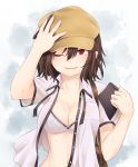  1girl ;) arm_up bag black_ribbon blush book bra breast_pocket breasts brown_bag brown_hair brown_hat cabbie_hat cleavage collarbone commentary_request grey_background hair_between_eyes hand_on_headwear hand_up hat holding holding_book holding_pen looking_at_viewer medium_breasts miyo_(ranthath) navel one_eye_closed open_clothes open_shirt parted_lips pen pocket pointy_ears red_eyes ribbon satchel shameimaru_aya shirt short_hair smile solo stomach sweat touhou underwear upper_body white_bra white_shirt wing_collar 
