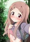  1girl aoba_kokona backpack bag blush bra brown_hair closed_mouth commentary_request forest hair_ornament hairclip hayashi_keita highres lifted_by_self long_hair looking_at_viewer nature outdoors pink_bra self_shot smile solo underwear upper_body yama_no_susume 